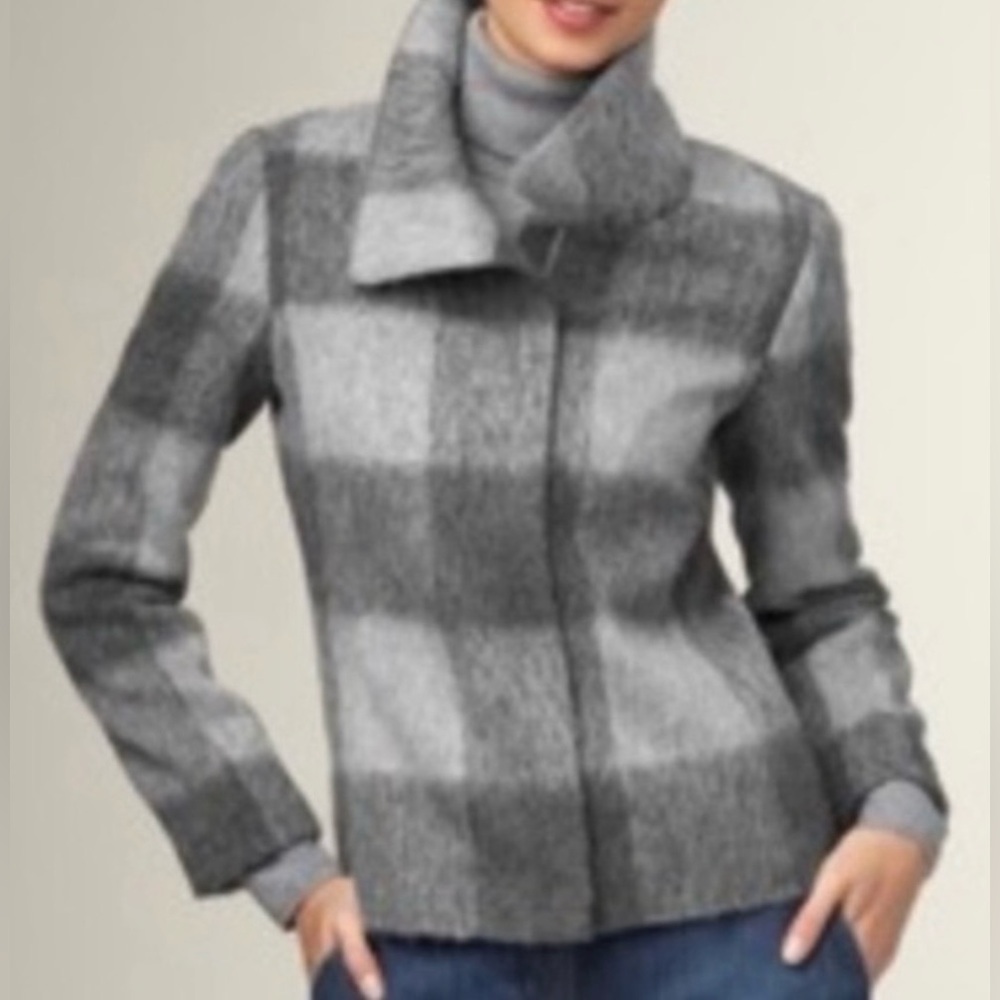 NWOT Talbots Gray and White Buffalo Plaid Zip Front Wool Blend Jacket size 14